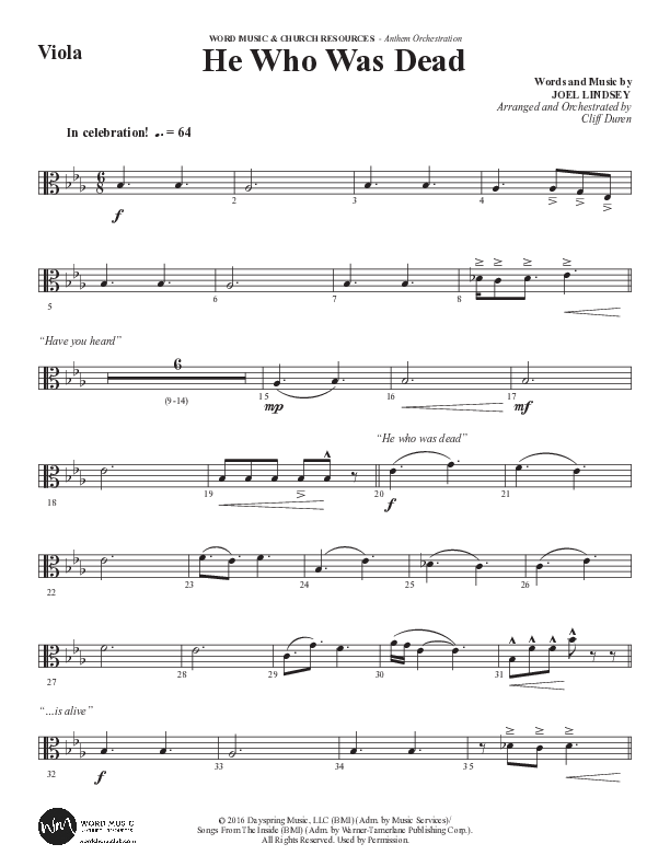 He Who Was Dead (Choral Anthem SATB) Viola (Word Music Choral / Arr. Cliff Duren)
