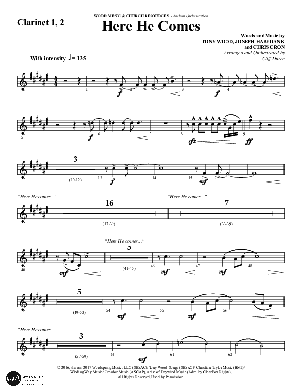Here He Comes (Choral Anthem SATB) Clarinet 1/2 (Word Music Choral / Arr. Cliff Duren)