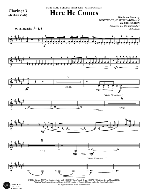 Here He Comes (Choral Anthem SATB) Clarinet 3 (Word Music Choral / Arr. Cliff Duren)