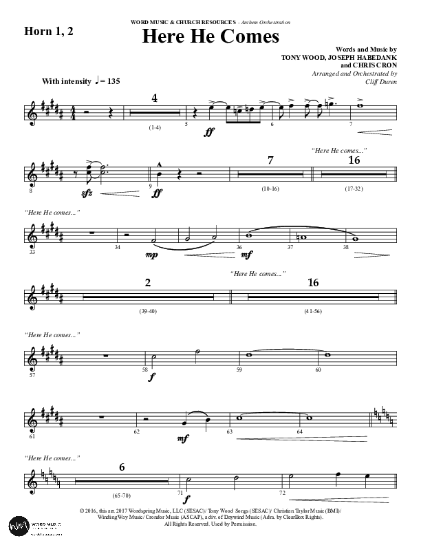 Here He Comes (Choral Anthem SATB) French Horn 1/2 (Word Music Choral / Arr. Cliff Duren)