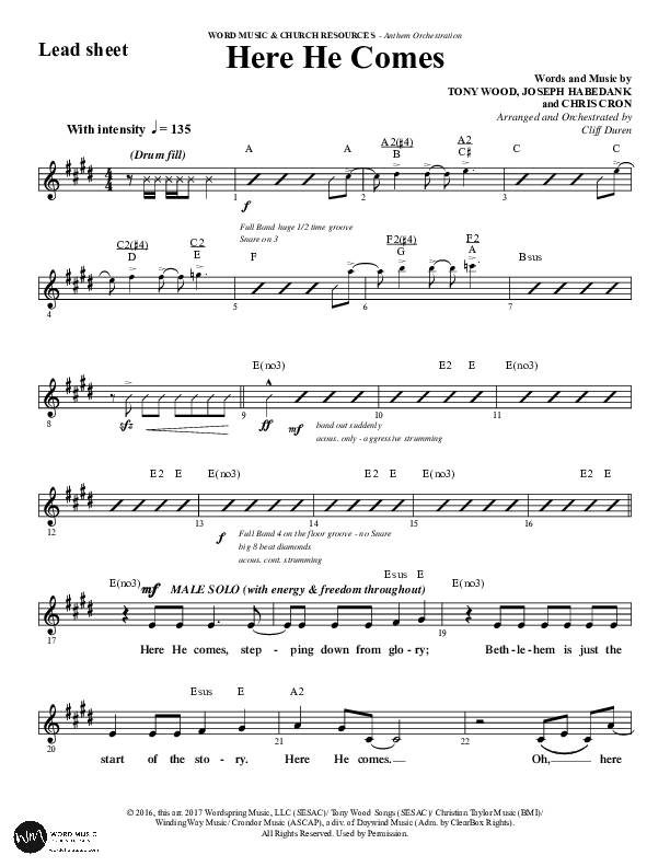 Here He Comes (Choral Anthem SATB) Lead Sheet (Melody) (Word Music Choral / Arr. Cliff Duren)