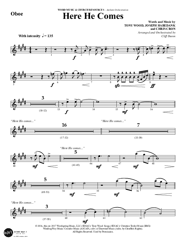 Here He Comes (Choral Anthem SATB) Oboe (Word Music Choral / Arr. Cliff Duren)