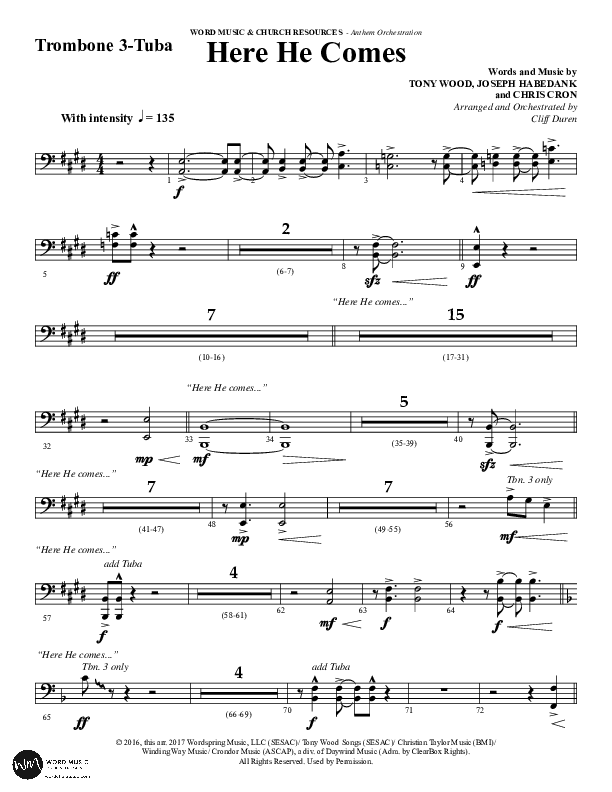 Here He Comes (Choral Anthem SATB) Trombone 3/Tuba (Word Music Choral / Arr. Cliff Duren)