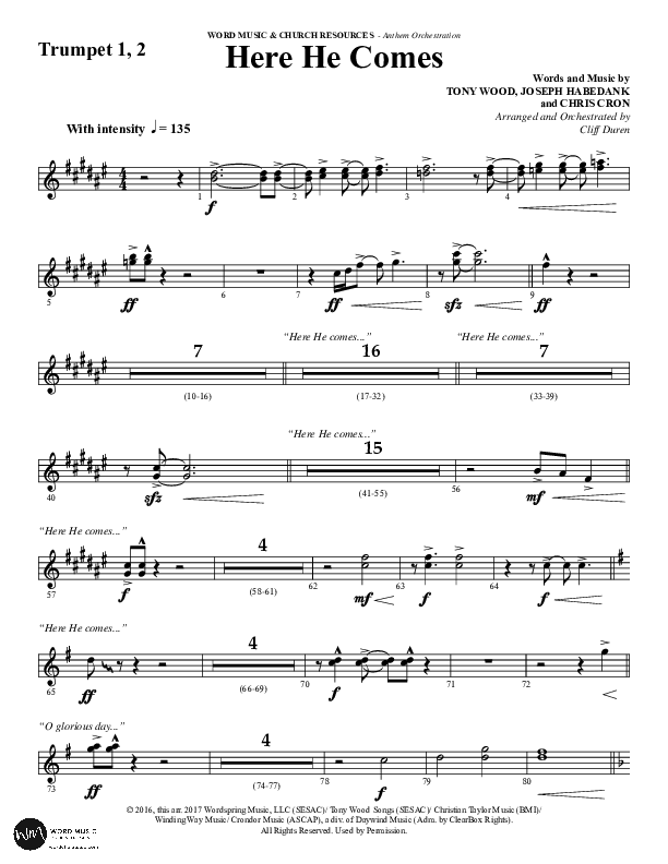 Here He Comes (Choral Anthem SATB) Trumpet 1,2 (Word Music Choral / Arr. Cliff Duren)