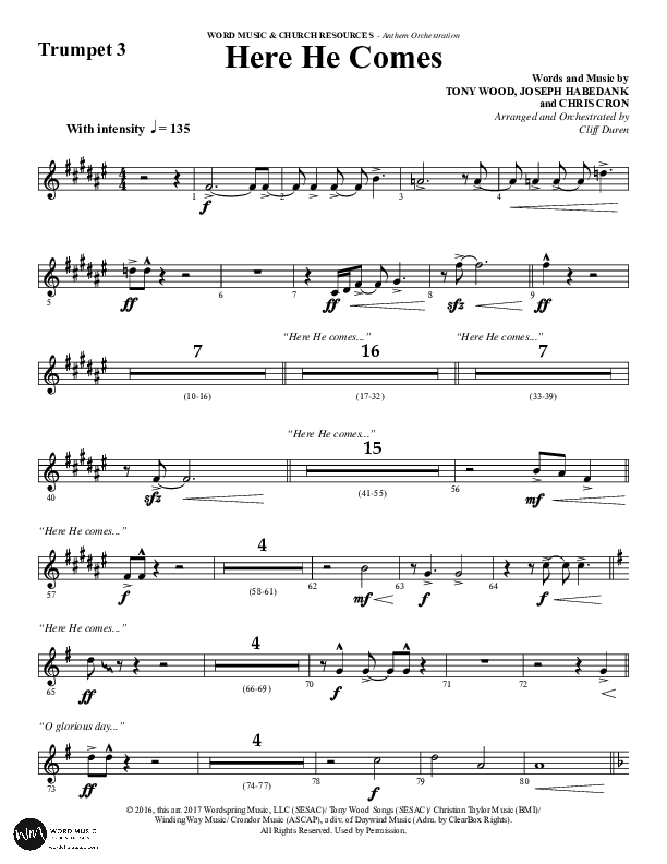 Here He Comes (Choral Anthem SATB) Trumpet 3 (Word Music Choral / Arr. Cliff Duren)