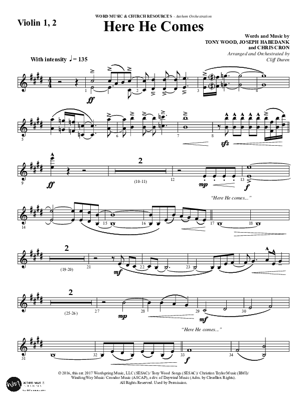 Here He Comes (Choral Anthem SATB) Violin 1/2 (Word Music Choral / Arr. Cliff Duren)