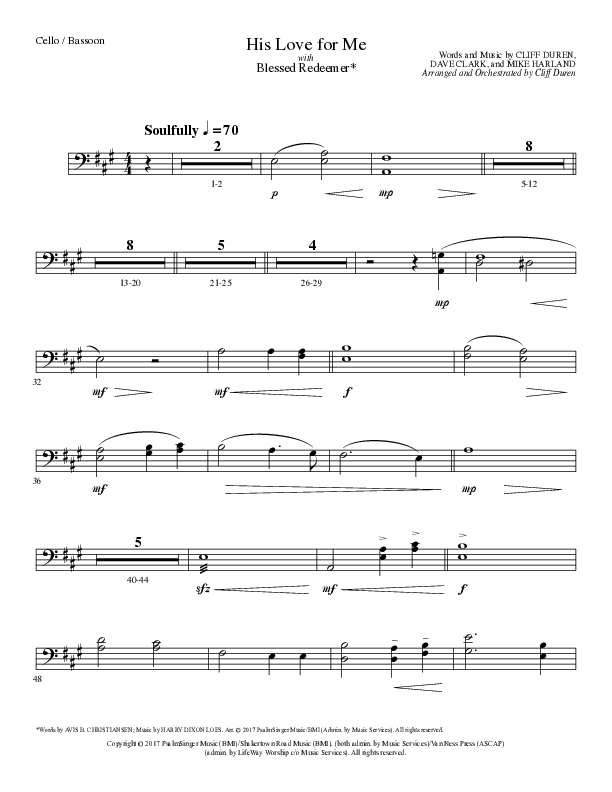 His Love For Me with Blessed Redeemer (Choral Anthem SATB) Cello (Lillenas Choral / Arr. Cliff Duren)