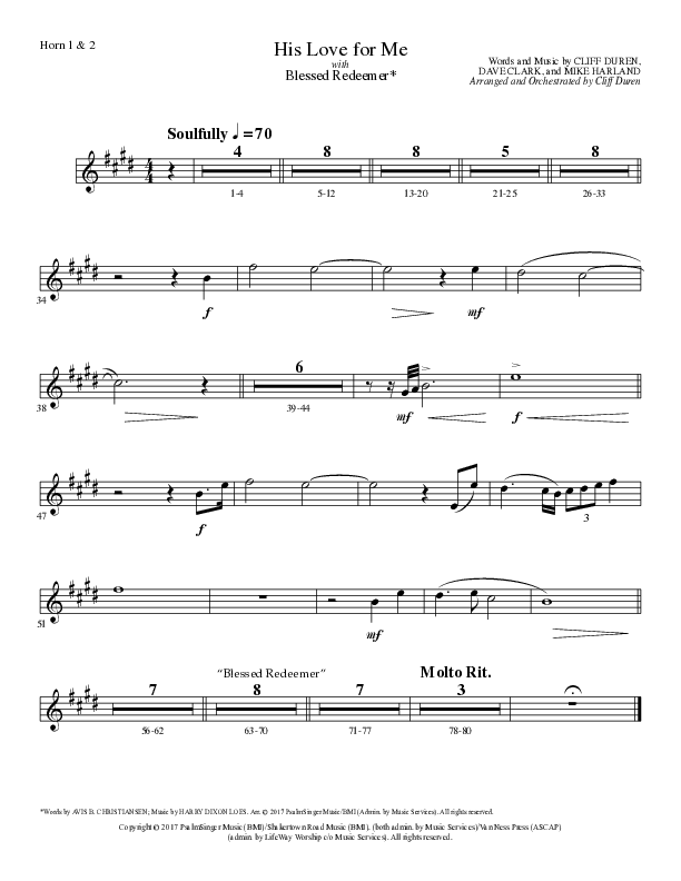 His Love For Me with Blessed Redeemer (Choral Anthem SATB) French Horn 1/2 (Lillenas Choral / Arr. Cliff Duren)