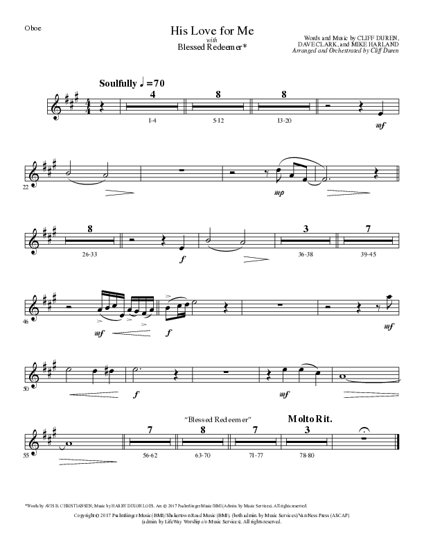 His Love For Me with Blessed Redeemer (Choral Anthem SATB) Oboe (Lillenas Choral / Arr. Cliff Duren)
