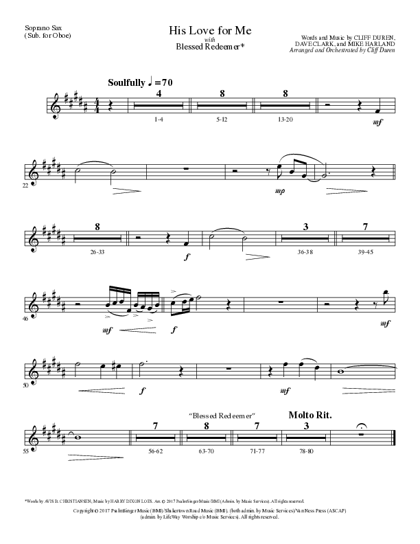 His Love For Me with Blessed Redeemer (Choral Anthem SATB) Soprano Sax (Lillenas Choral / Arr. Cliff Duren)