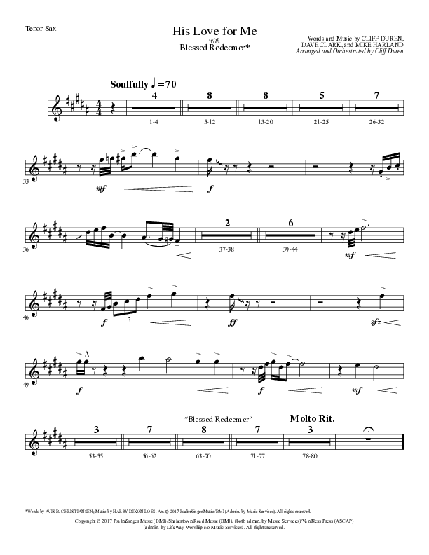 His Love For Me with Blessed Redeemer (Choral Anthem SATB) Tenor Sax 1 (Lillenas Choral / Arr. Cliff Duren)