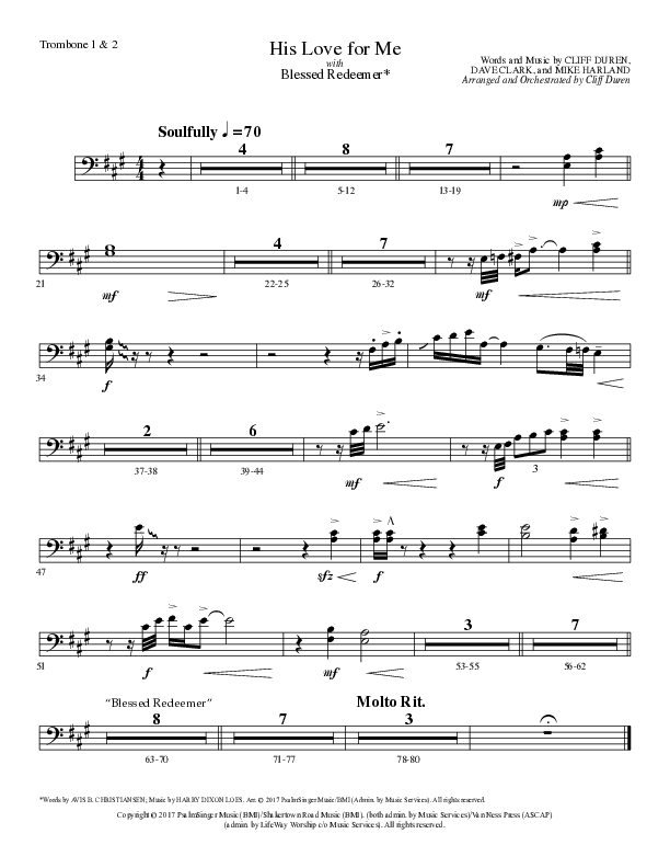 His Love For Me with Blessed Redeemer (Choral Anthem SATB) Trombone 1/2 (Lillenas Choral / Arr. Cliff Duren)