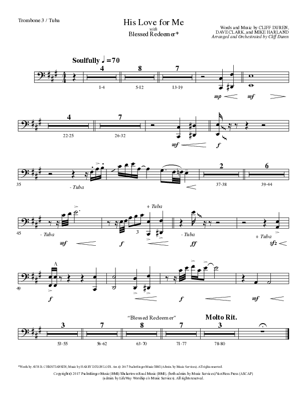 His Love For Me with Blessed Redeemer (Choral Anthem SATB) Trombone 3/Tuba (Lillenas Choral / Arr. Cliff Duren)