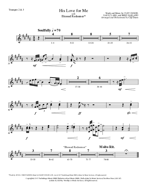 His Love For Me with Blessed Redeemer (Choral Anthem SATB) Trumpet 2/3 (Lillenas Choral / Arr. Cliff Duren)