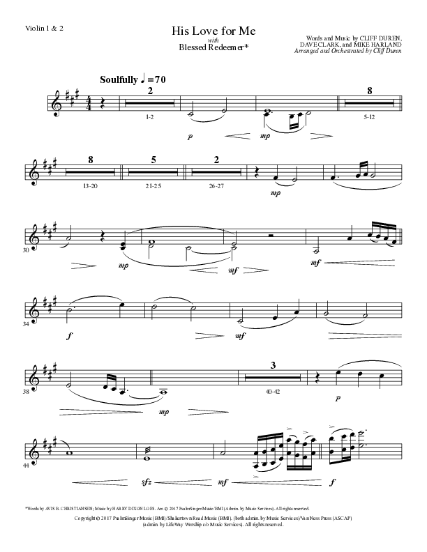 His Love For Me with Blessed Redeemer (Choral Anthem SATB) Violin 1/2 (Lillenas Choral / Arr. Cliff Duren)