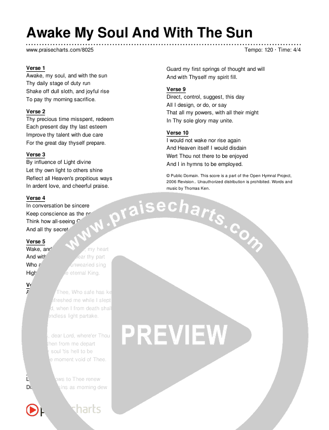 Awake My Soul And With The Sun Lyrics (Traditional Hymn)