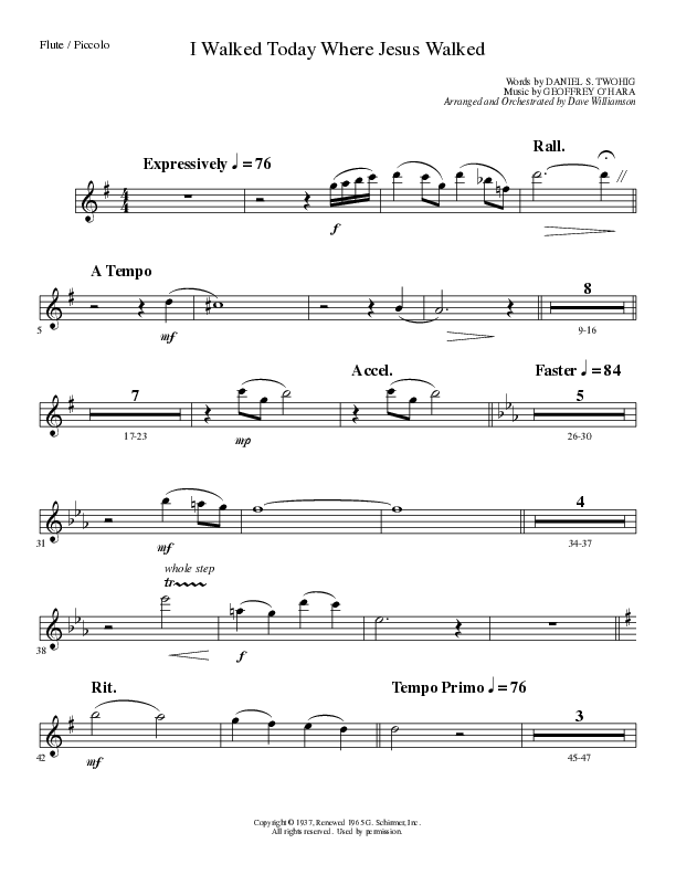 I Walked Today Where Jesus Walked (Choral Anthem SATB) Flute/Piccolo (Lillenas Choral / Arr. Dave Williamson)