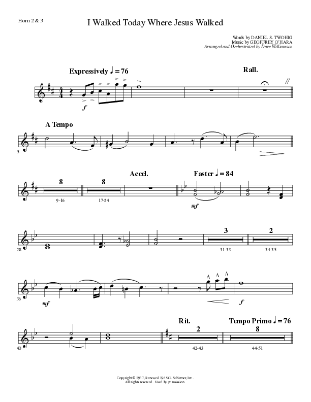 I Walked Today Where Jesus Walked (Choral Anthem SATB) French Horn 2 (Lillenas Choral / Arr. Dave Williamson)