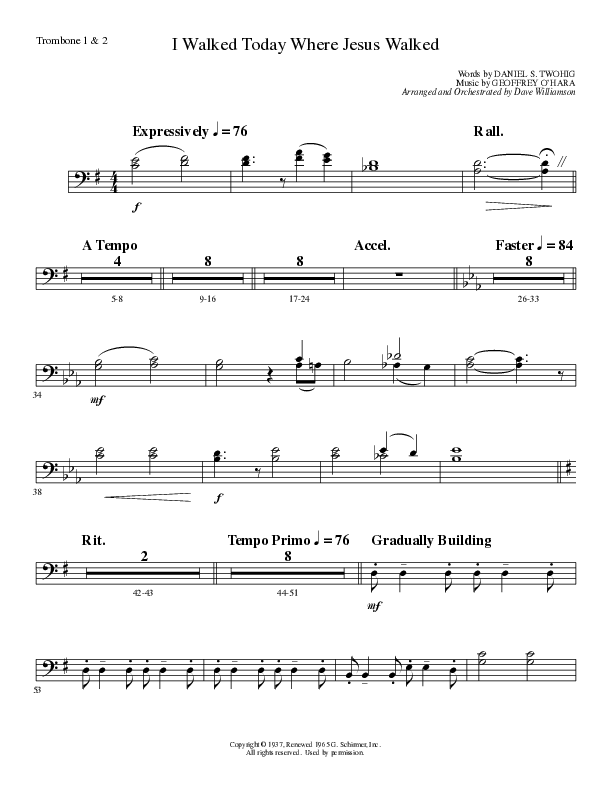 I Walked Today Where Jesus Walked (Choral Anthem SATB) Trombone 1/2 (Lillenas Choral / Arr. Dave Williamson)