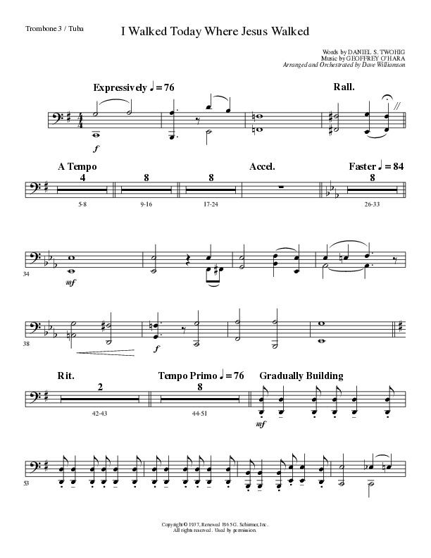 I Walked Today Where Jesus Walked (Choral Anthem SATB) Trombone 3/Tuba (Lillenas Choral / Arr. Dave Williamson)