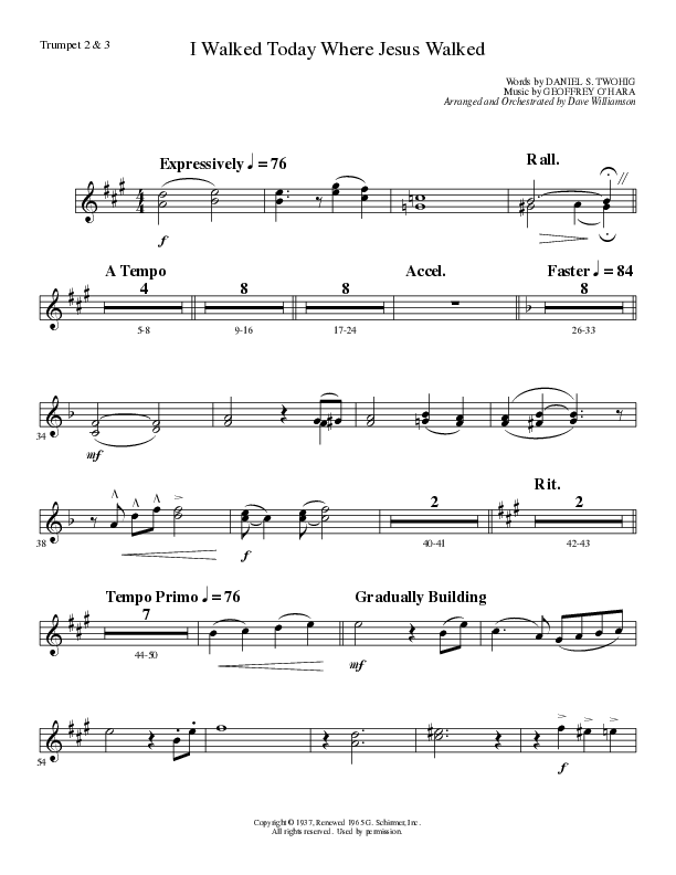 I Walked Today Where Jesus Walked (Choral Anthem SATB) Trumpet 2/3 (Lillenas Choral / Arr. Dave Williamson)