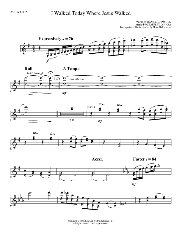 I Walked Today Where Jesus Walked (Choral Anthem SATB) Violin 1/2 (Lillenas Choral / Arr. Dave Williamson)