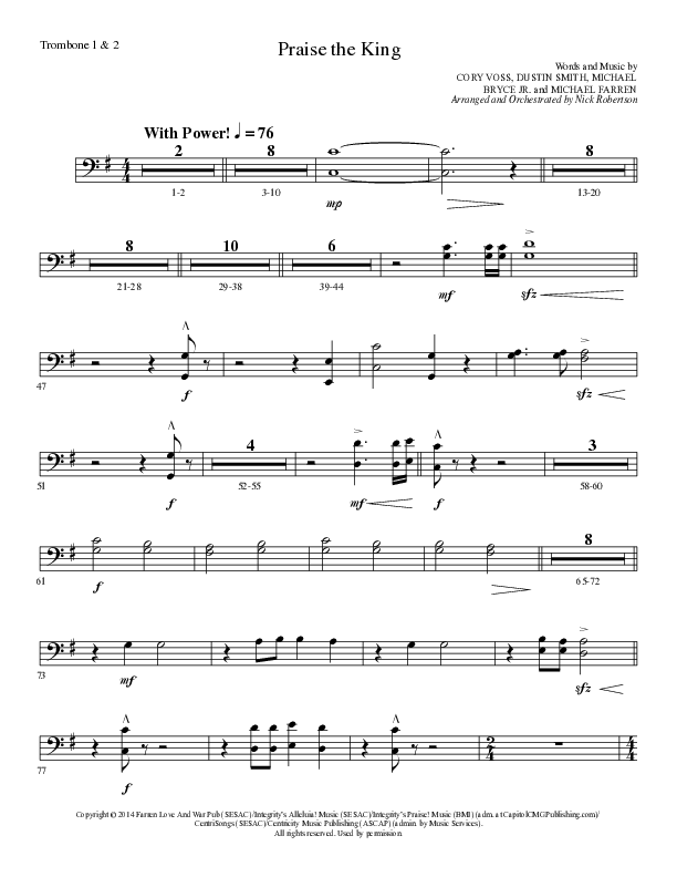Praise The King (Choral Anthem SATB) Trombone 1/2 (Lillenas Choral / Arr. Nick Robertson)