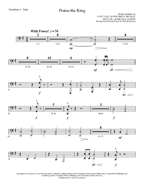 Praise The King (Choral Anthem SATB) Trombone 3/Tuba (Lillenas Choral / Arr. Nick Robertson)