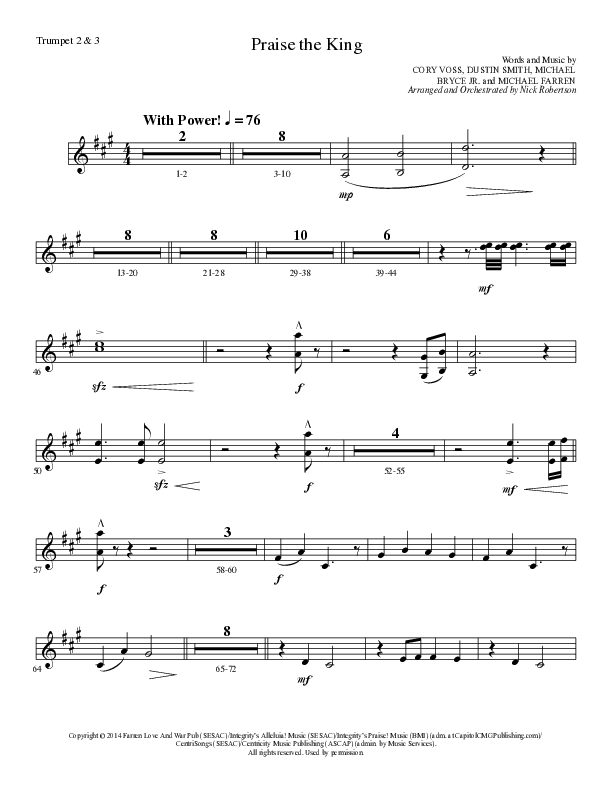 Praise The King (Choral Anthem SATB) Trumpet 2/3 (Lillenas Choral / Arr. Nick Robertson)