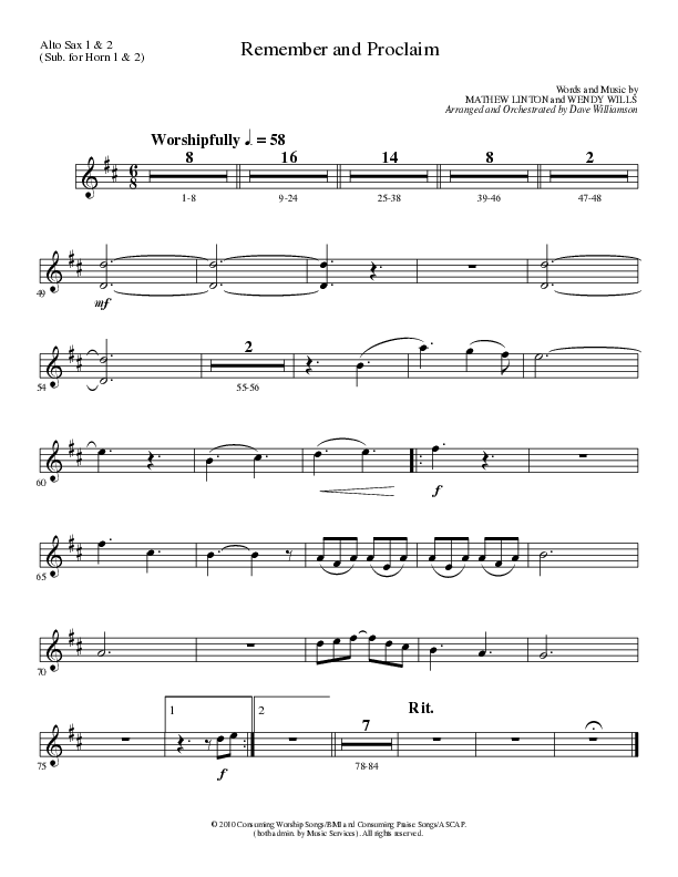 Remember and Proclaim (Choral Anthem SATB) Alto Sax 1/2 (Lillenas Choral / Arr. Dave Williamson)