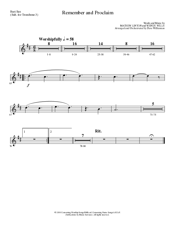 Remember and Proclaim (Choral Anthem SATB) Bari Sax (Lillenas Choral / Arr. Dave Williamson)