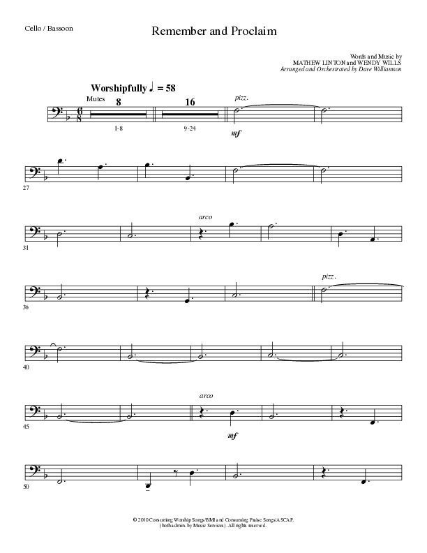 Remember and Proclaim (Choral Anthem SATB) Cello (Lillenas Choral / Arr. Dave Williamson)