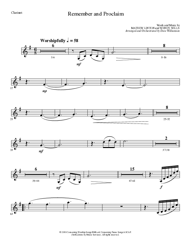 Remember and Proclaim (Choral Anthem SATB) Clarinet (Lillenas Choral / Arr. Dave Williamson)