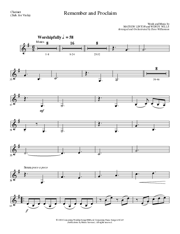 Remember and Proclaim (Choral Anthem SATB) Clarinet (Lillenas Choral / Arr. Dave Williamson)