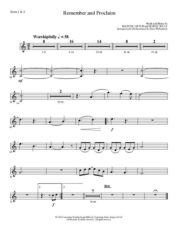 Remember and Proclaim (Choral Anthem SATB) French Horn 1/2 (Lillenas Choral / Arr. Dave Williamson)