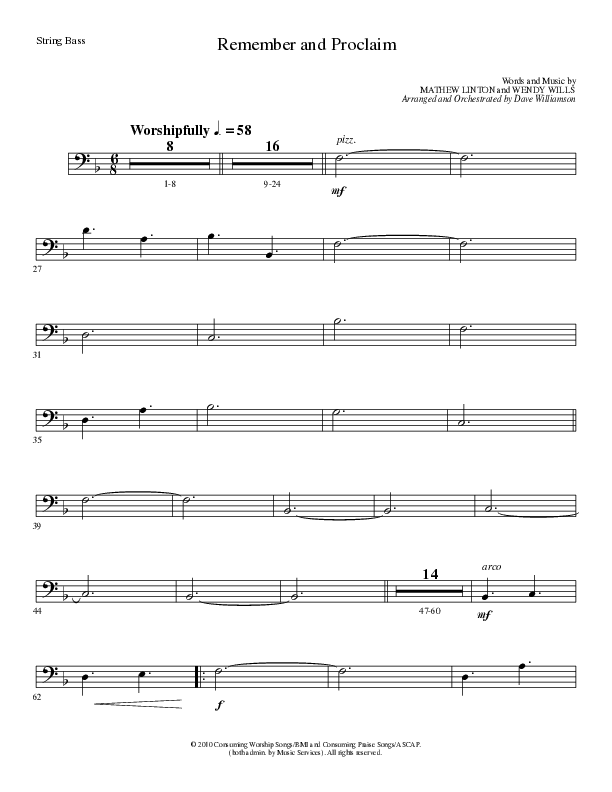 Remember and Proclaim (Choral Anthem SATB) String Bass (Lillenas Choral / Arr. Dave Williamson)