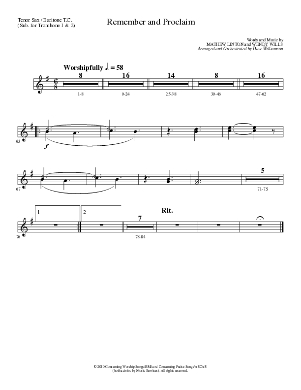 Remember and Proclaim (Choral Anthem SATB) Tenor Sax/Baritone T.C. (Lillenas Choral / Arr. Dave Williamson)