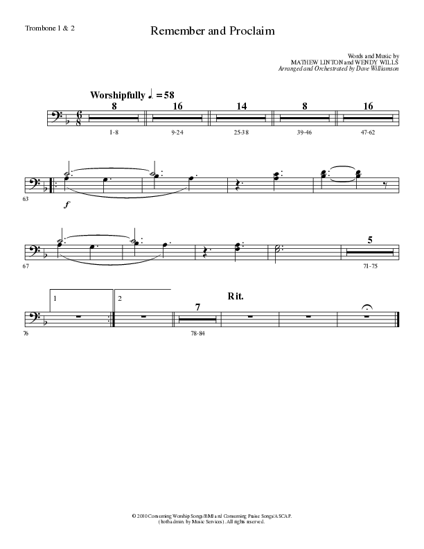 Remember and Proclaim (Choral Anthem SATB) Trombone 1/2 (Lillenas Choral / Arr. Dave Williamson)