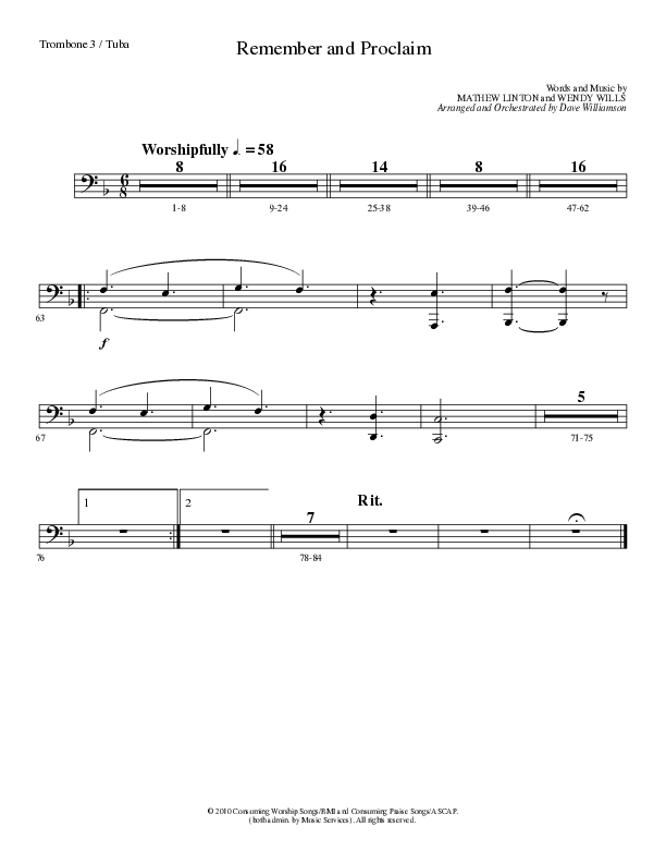 Remember and Proclaim (Choral Anthem SATB) Trombone 3/Tuba (Lillenas Choral / Arr. Dave Williamson)