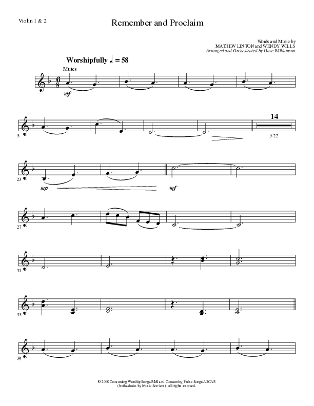 Remember and Proclaim (Choral Anthem SATB) Violin 1/2 (Lillenas Choral / Arr. Dave Williamson)