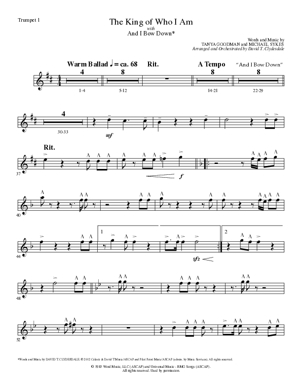 The King Of Who I Am with And I Bow Down (Choral Anthem SATB) Trumpet 1 (Lillenas Choral / Arr. David T. Clydesdale)