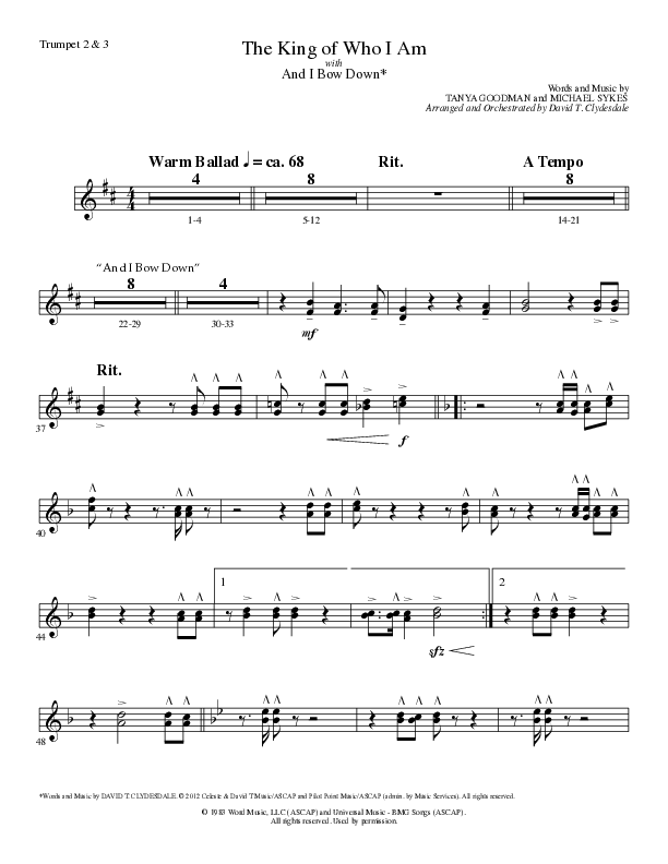 The King Of Who I Am with And I Bow Down (Choral Anthem SATB) Trumpet 2/3 (Lillenas Choral / Arr. David T. Clydesdale)