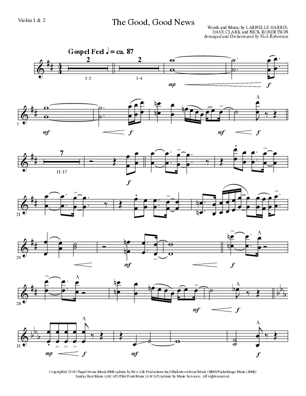 The Good, Good News (Choral Anthem SATB) Violin 1/2 (Lillenas Choral / Arr. Nick Robertson)