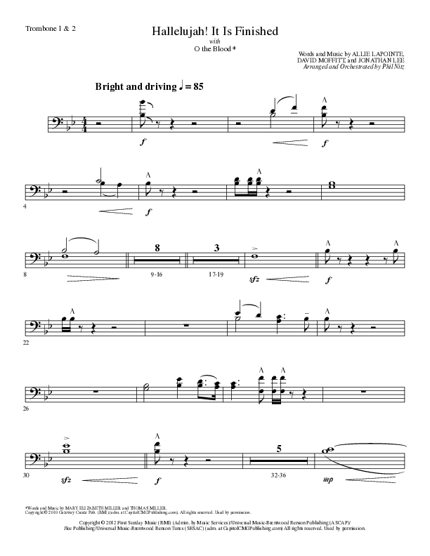 Hallelujah It Is Finished with O The Blood (Choral Anthem SATB) Trombone 1/2 (Lillenas Choral / Arr. Phil Nitz)