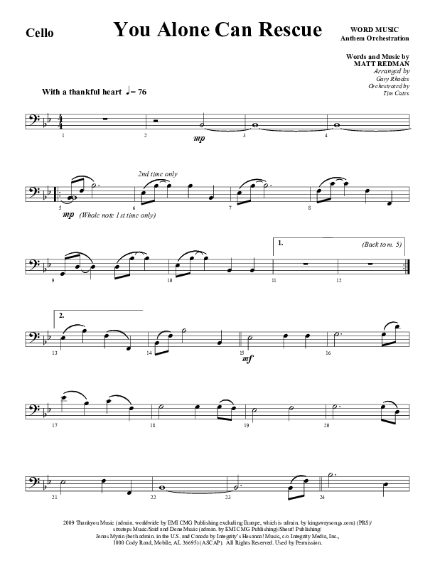You Alone Can Rescue (Choral Anthem SATB) Cello (Word Music Choral / Arr. Gary Rhodes)