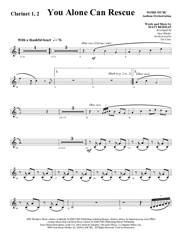 You Alone Can Rescue (Choral Anthem SATB) Clarinet 1/2 (Word Music Choral / Arr. Gary Rhodes)