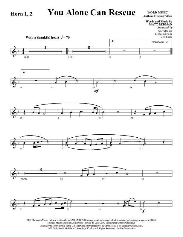 You Alone Can Rescue (Choral Anthem SATB) French Horn 1/2 (Word Music Choral / Arr. Gary Rhodes)