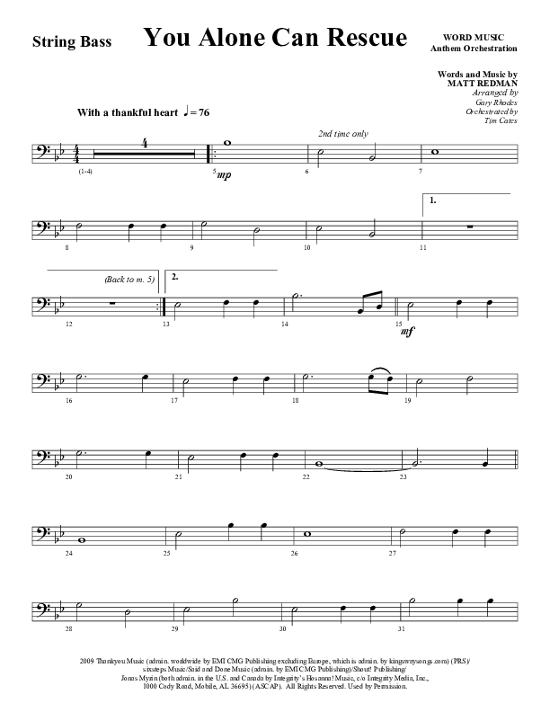 You Alone Can Rescue (Choral Anthem SATB) String Bass (Word Music Choral / Arr. Gary Rhodes)