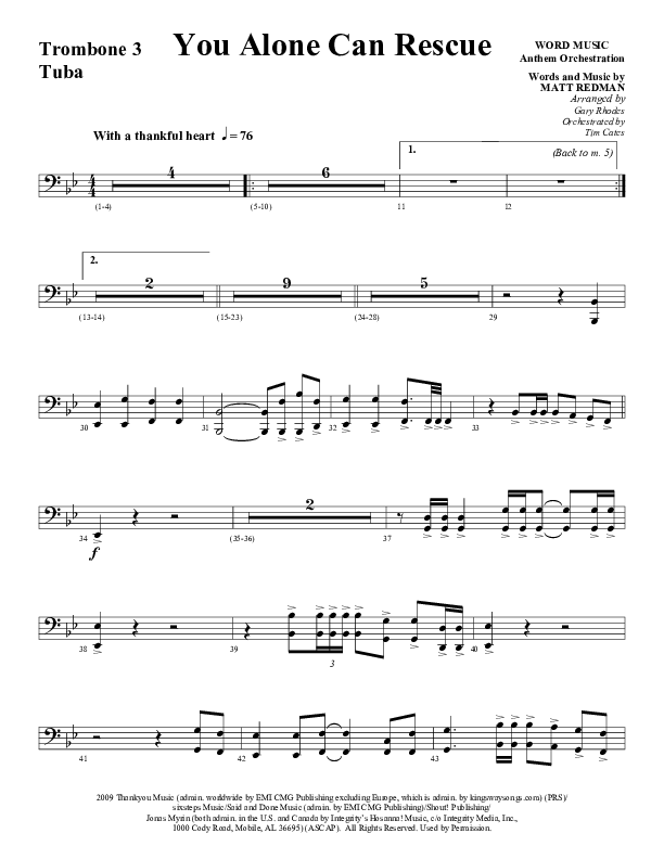 You Alone Can Rescue (Choral Anthem SATB) Trombone 3/Tuba (Word Music Choral / Arr. Gary Rhodes)
