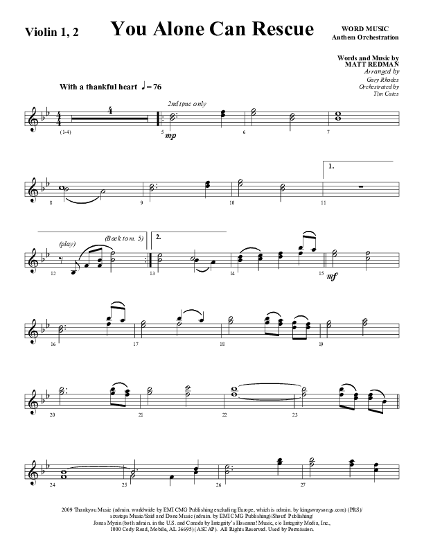 You Alone Can Rescue (Choral Anthem SATB) Violin 1/2 (Word Music Choral / Arr. Gary Rhodes)